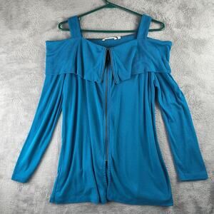 Soft Surroundings Long Sleeve Cold Shoulder Size PL Zip Up Blouse Top Teal